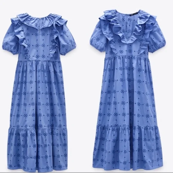 Zara | Dresses | Worn Once Or Twice Zara Openwork Blue Eyelet Ruffle Midi  Dress Size S | Poshmark